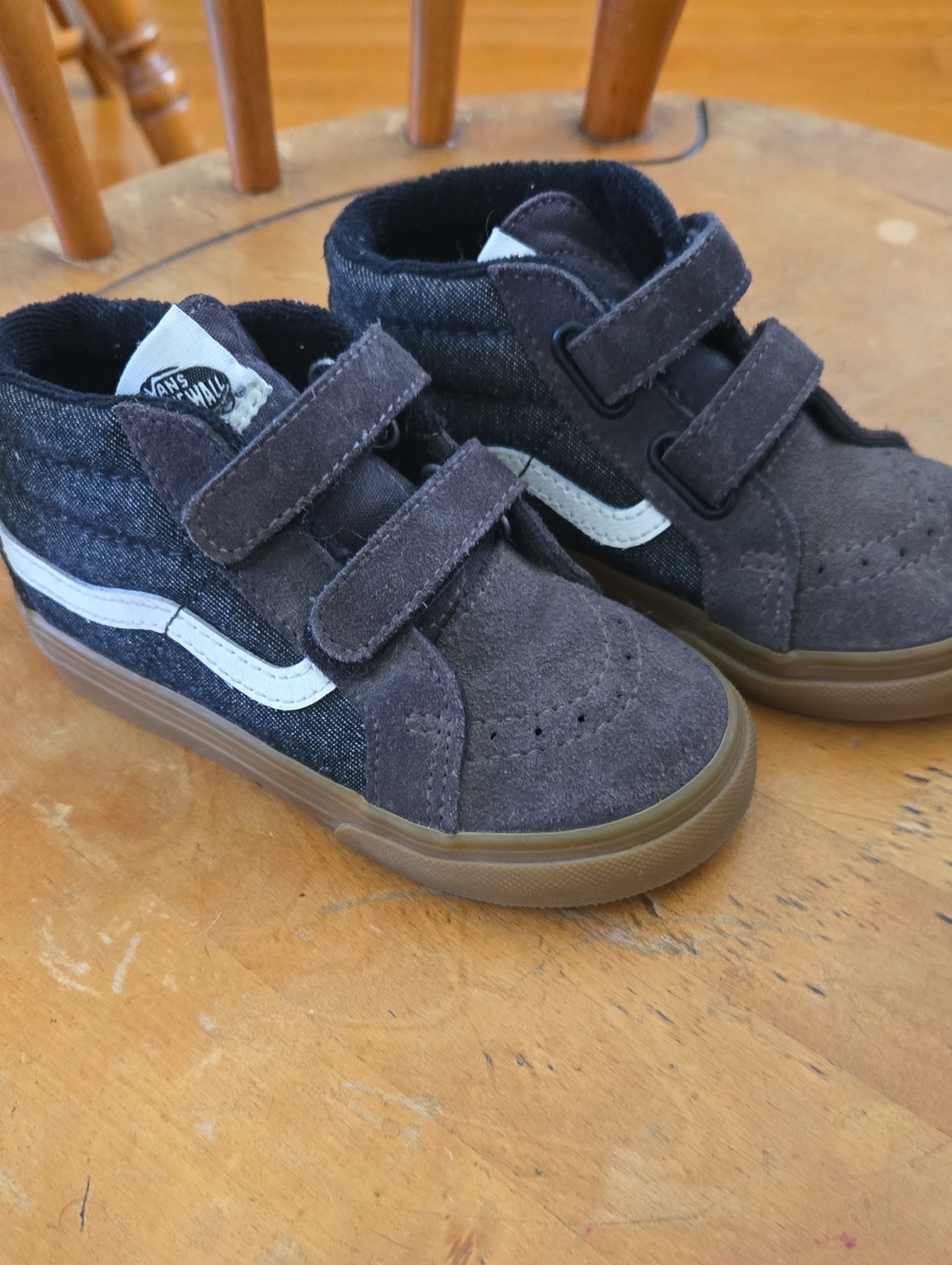 Vans Kids Gray Suede & Denim Velcro Sneakers with White Stripe